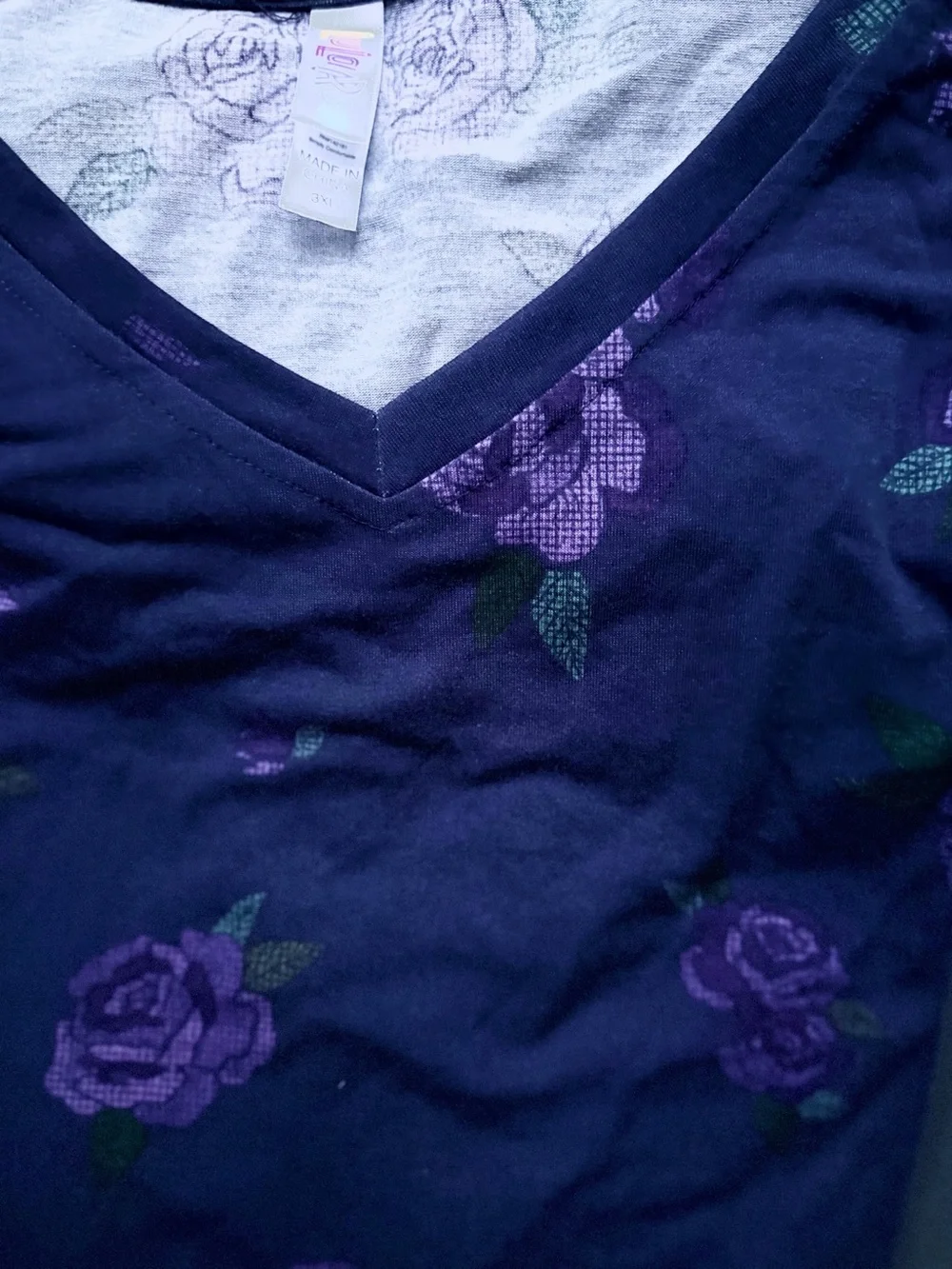 LuLaRoe Navy V-Neck Tank Top with Purple Rose Print